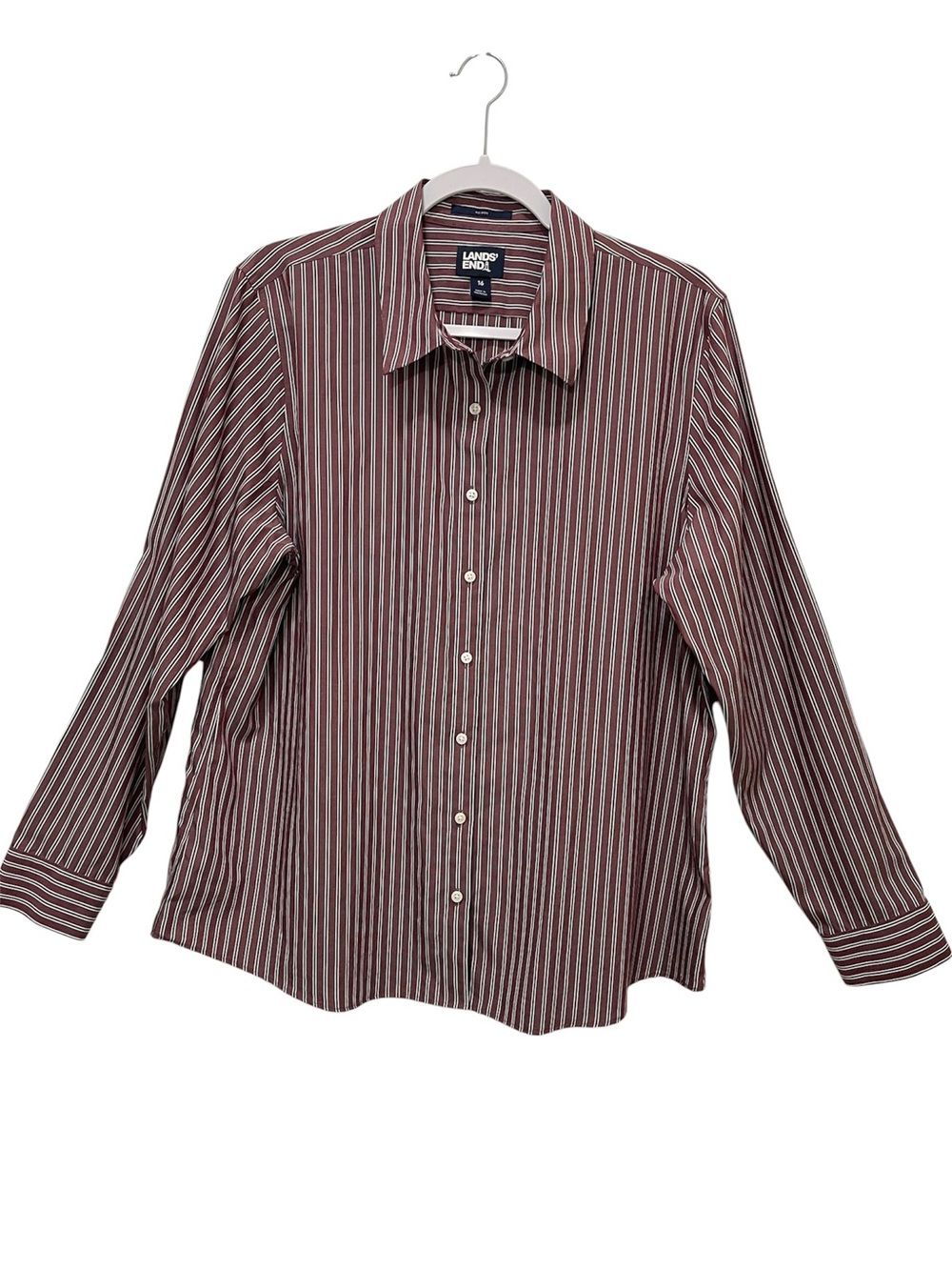 Lands' End No Iron 100% Cotton Button Up Top Burgundy Striped Packable Size 16
